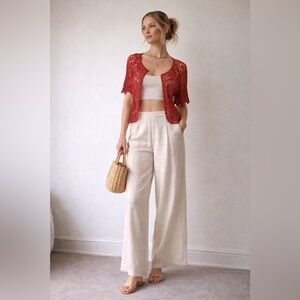 Jacques Vert Red Crochet Lace Bolero Shrug Cardigan Large